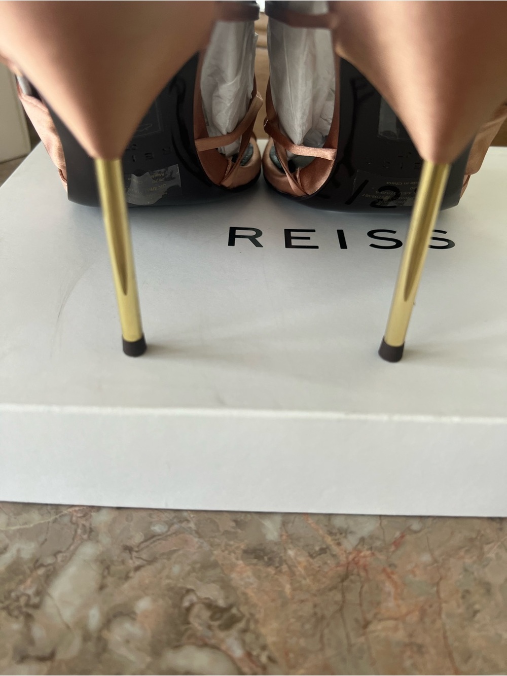 Reiss Rose Gold Satin Bow Slide Heels - Picture 7 of 9